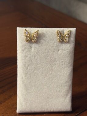Gold Butterfly Stud Earrings - Sparkling Crystal Accent